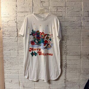 Vintage 90s Merry Christmas Teddy Bear Santa Tee Nightgown Made in USA — Size 1X